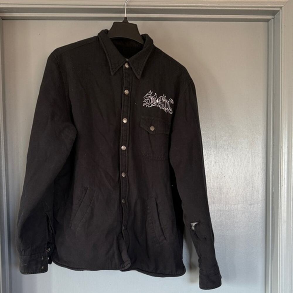 Mens Black Vocal  Jacket Skull Sherpa Lined Snap Front Goth Grunge Distressed L